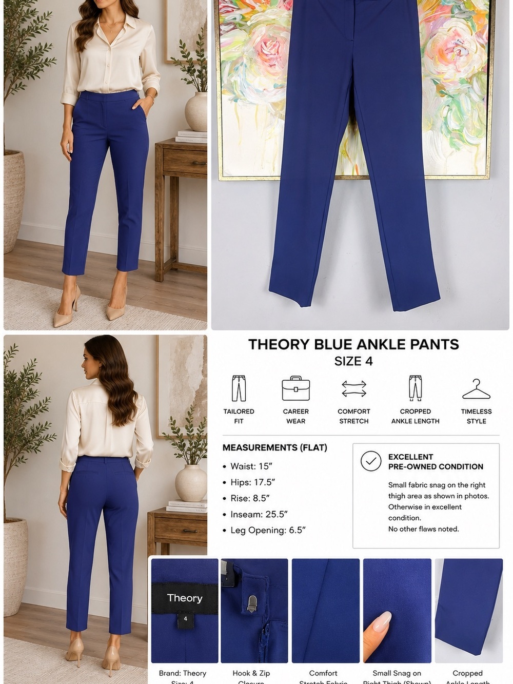 Theory Blue Cropped Ankle Pants Size 4 Slim Career Workwear Stretch